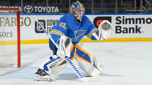 ST. LOUIS, MO - FEBRUARY 20: Jordan Binnington #50 of the St. Louis Blues in action against the San Jose Sharks on February 20, 2021 at the Enterprise Center in St. Louis, Missouri.