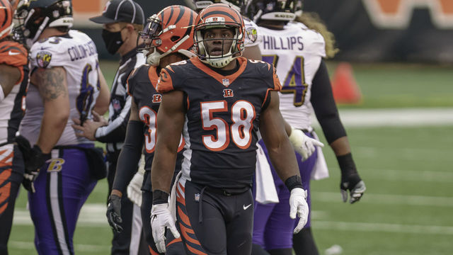CINCINNATI, OHIO - JANUARY 03: Carl Lawson #58 of the Cincinnati Bengals is see during the game against the Baltimore Ravens at Paul Brown Stadium on January 03, 2021 in Cincinnati, Ohio.