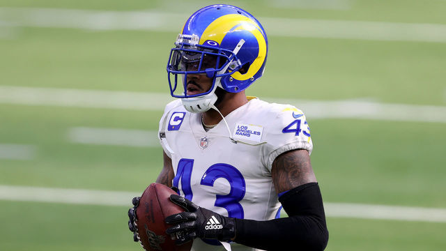 INGLEWOOD, CALIFORNIA - DECEMBER 20: John Johnson #43 of the Los Angeles Rams warms up prior to a game against the New York Jets at SoFi Stadium on December 20, 2020 in Inglewood, California.