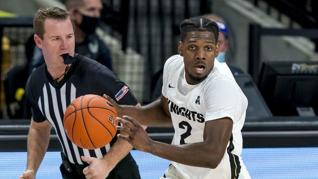 ORLANDO, FL - JANUARY 27: UCF Knights guard Darius Perry (2) looks to pass the ball during the basketball game between the UCF Knights and the and the East North Carolina on January 27 in Orlando, FL.