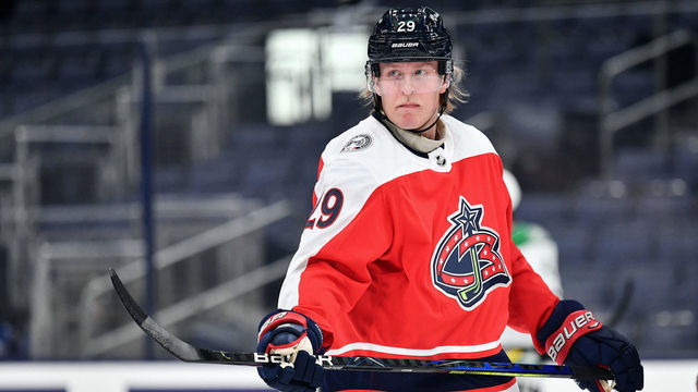 COLUMBUS, OH - FEBRUARY 2: Patrik Laine #29 of the Columbus Blue Jackets warms up before a game against the Dallas Stars on February 2, 2021 at Nationwide Arena in Columbus, Ohio.