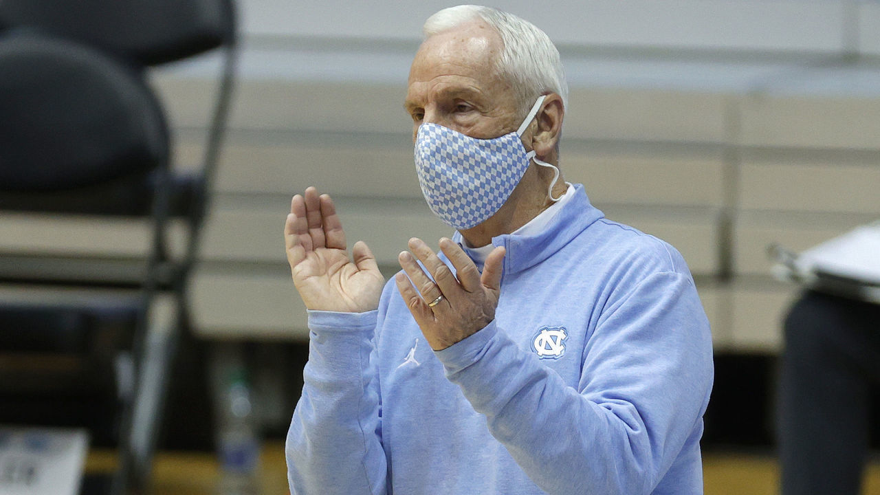 CHAPEL HILL, NORTH CAROLINA - MARCH 06: Head coach Roy Williams of the North Carolina Tar Heels reacts following a play during the first half of their game against the Duke Blue Devils at Dean E. Smith Center on March 06, 2021 in Chapel Hill, North Carolina.