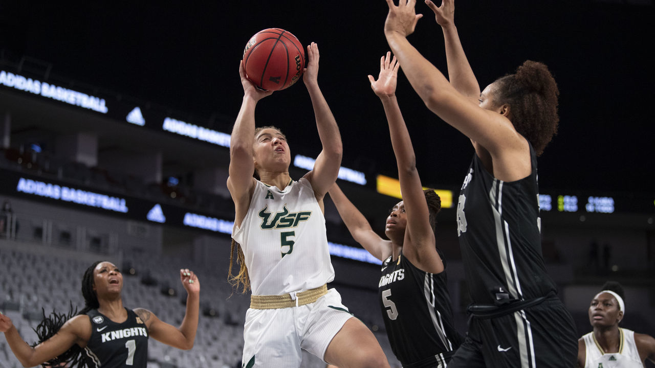 FORT WORTH, TX - MARCH 11: Elena Tsineke #5 of the South Florida Bulls attempts a shot during the American Athletic Conference Women's Basketball Championship game against the UCF Knights at Dickies Arena on March 11, 2021 in Fort Worth, Texas.