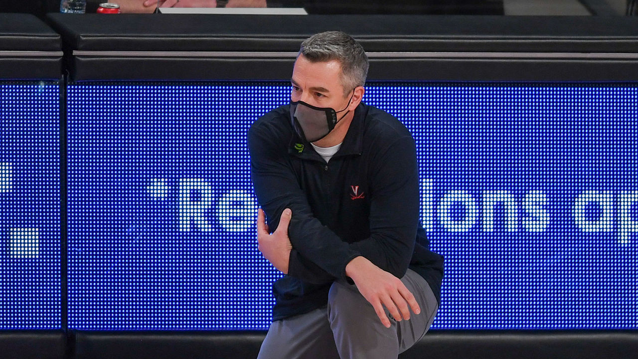 ATLANTA, GA FEBRUARY 10: Virginia head coach Tony Bennett watches from the sideline during the NCAA basketball game between the Virginia Cavaliers and the Georgia Tech Yellow Jackets on February 10th, 2021 at Hank McCamish Pavilion in Atlanta, GA.