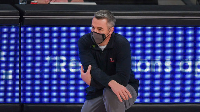 ATLANTA, GA FEBRUARY 10: Virginia head coach Tony Bennett watches from the sideline during the NCAA basketball game between the Virginia Cavaliers and the Georgia Tech Yellow Jackets on February 10th, 2021 at Hank McCamish Pavilion in Atlanta, GA.