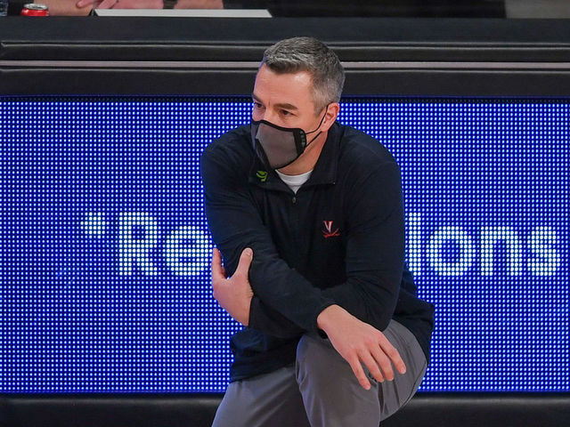 ATLANTA, GA FEBRUARY 10: Virginia head coach Tony Bennett watches from the sideline during the NCAA basketball game between the Virginia Cavaliers and the Georgia Tech Yellow Jackets on February 10th, 2021 at Hank McCamish Pavilion in Atlanta, GA.