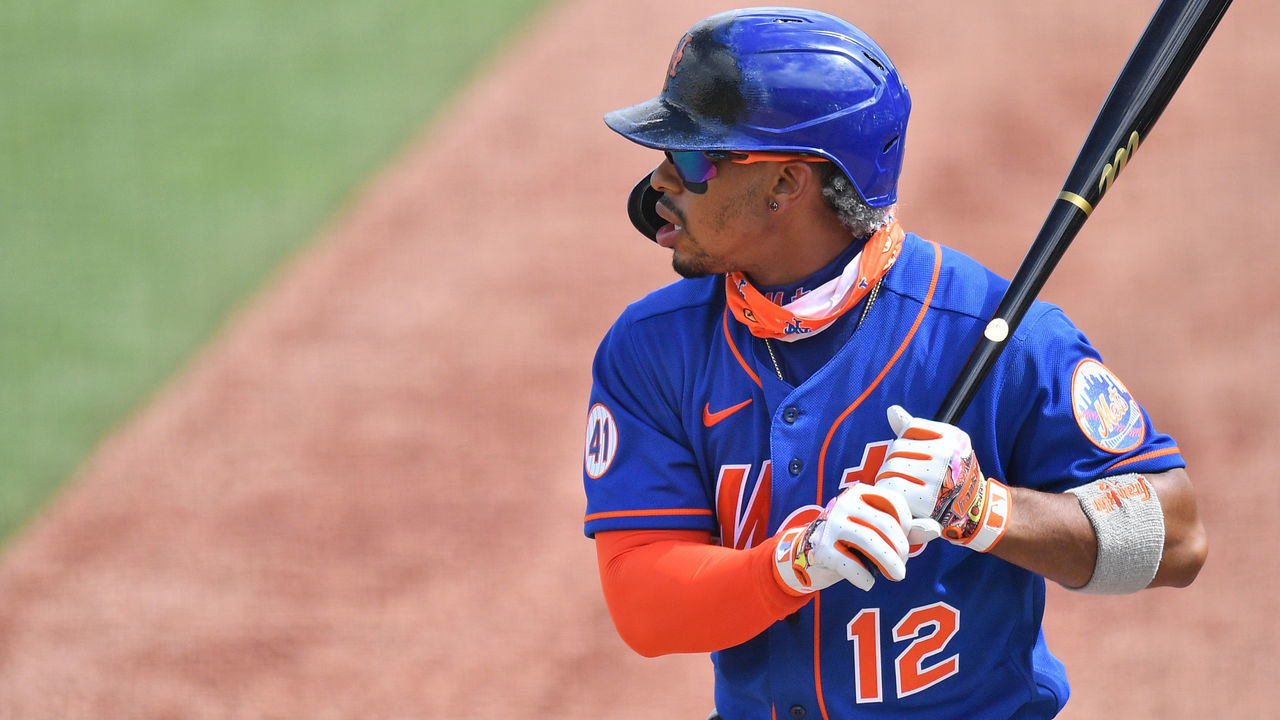 JUPITER, FLORIDA - MARCH 01: A general view of the Franklin batting gloves worn by Francisco Lindor #12 of the New York Mets in the first inning against the Miami Marlins in a spring training game at Roger Dean Chevrolet Stadium on March 01, 2021 in Jupiter, Florida.