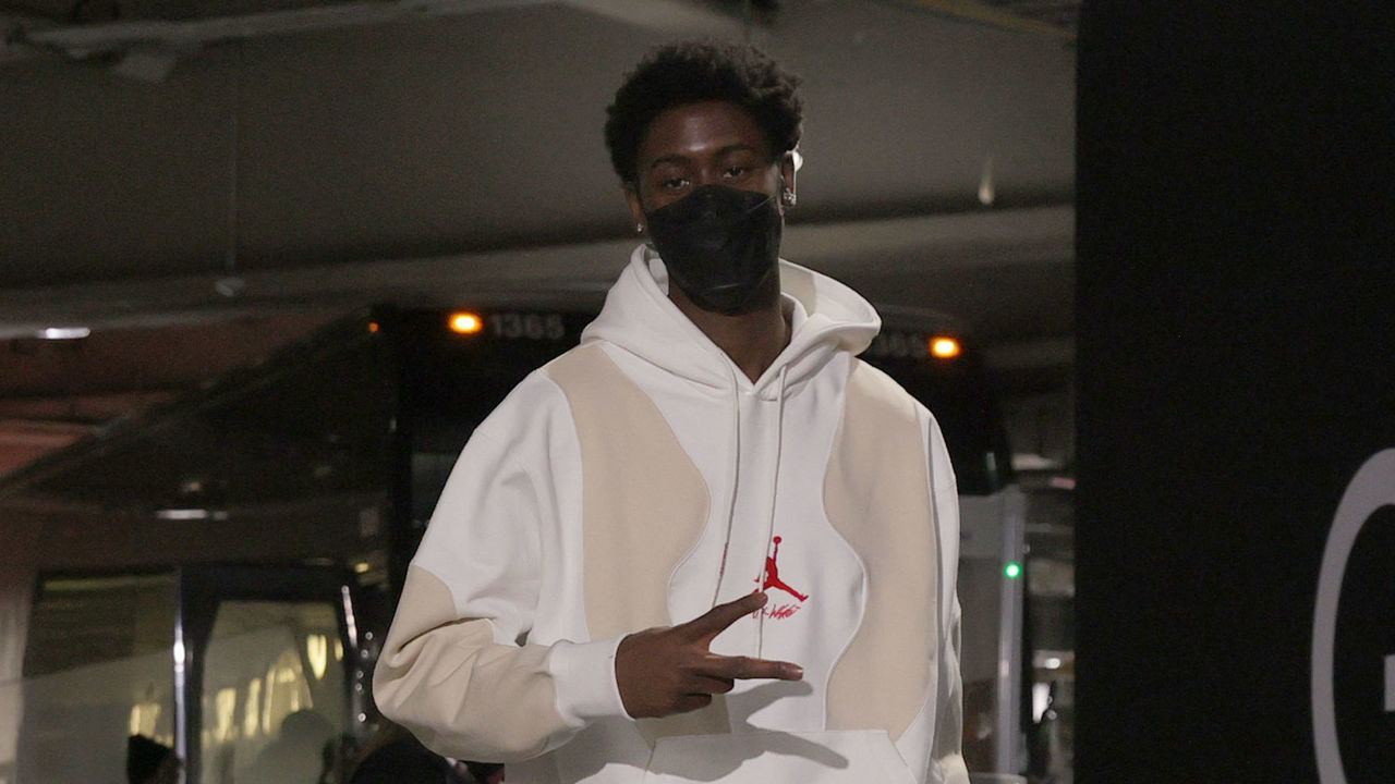 BROOKLYN, NY - FEBRUARY 10: Caris LeVert #22 of the Indiana Pacers arrives to the arena before the game against the Brooklyn Nets on February 10, 2021 at Barclays Center in Brooklyn, New York. Mandatory Copyright Notice: Copyright 2021 NBAE