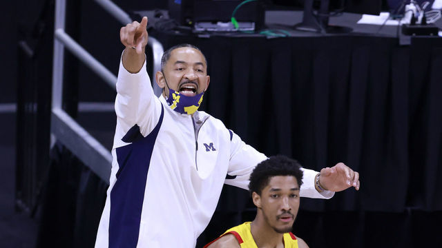 INDIANAPOLIS, INDIANA - MARCH 12: Head coach Juwan Howard of the Michigan Wolverines directs his team in the game against the Maryland Terrapins during the first half in the quarterfinals of the Big Ten men's basketball tournament at Lucas Oil Stadium on March 12, 2021 in Indianapolis, Indiana.
