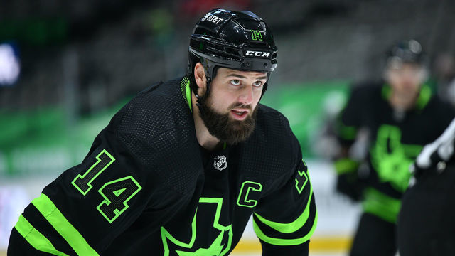 DALLAS, TX - MARCH 11: Jamie Benn #14 of the Dallas Stars skates against the Chicago Blackhawks at the American Airlines Center on March 11, 2021 in Dallas, Texas.