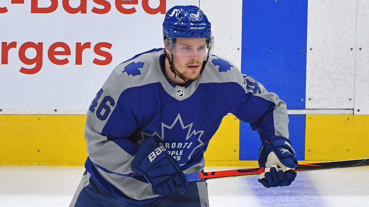 TORONTO, ON - FEBRUARY 24: Toronto Maple Leafs Defenceman Mikko Lehtonen (46) in warmups prior to the regular season NHL game between the Calgary Flames and Toronto Maple Leafs on February 24, 2021 at Scotiabank Arena in Toronto, ON.