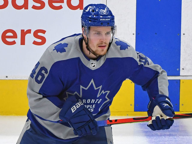 TORONTO, ON - FEBRUARY 24: Toronto Maple Leafs Defenceman Mikko Lehtonen (46) in warmups prior to the regular season NHL game between the Calgary Flames and Toronto Maple Leafs on February 24, 2021 at Scotiabank Arena in Toronto, ON.