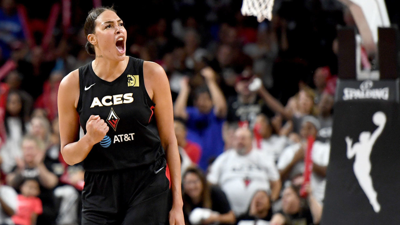 LAS VEGAS, NEVADA - SEPTEMBER 24: Liz Cambage #8 of the Las Vegas Aces reacts after a turnover by the Washington Mystics during Game Four of the 2019 WNBA Playoff semifinals at the Mandalay Bay Events Center on September 24, 2019 in Las Vegas, Nevada. The Mystics defeated the Aces 94-90 and won the series 3-1.