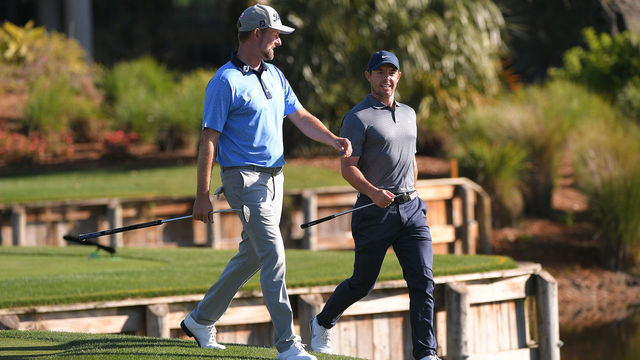 PONTE VEDRA BEACH, FL - MARCH 11: Rory McIlroy of Northern Ireland and Webb Simpson walks along the 13th Tee during the first round of THE PLAYERS Championship on THE PLAYERS Stadium Course at TPC Sawgrass on March 11, 2021, in Ponte Vedra Beach, FL.