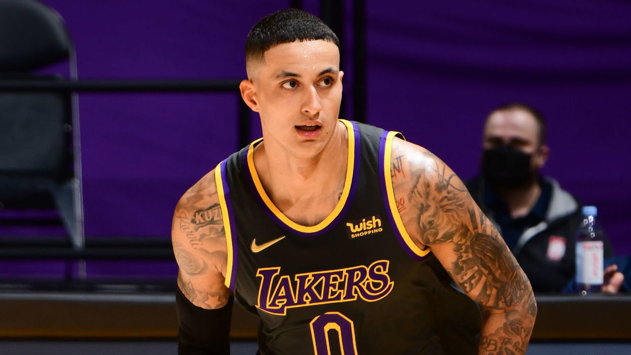 LOS ANGELES, CA - MARCH 12: Kyle Kuzma #0 of the Los Angeles Lakers runs down the court during the game against the Indiana Pacers on March 12, 2021 at STAPLES Center in Los Angeles, California. NOTE TO USER: User expressly acknowledges and agrees that, by downloading and/or using this Photograph, user is consenting to the terms and conditions of the Getty Images License Agreement. Mandatory Copyright Notice: Copyright 2021 NBAE