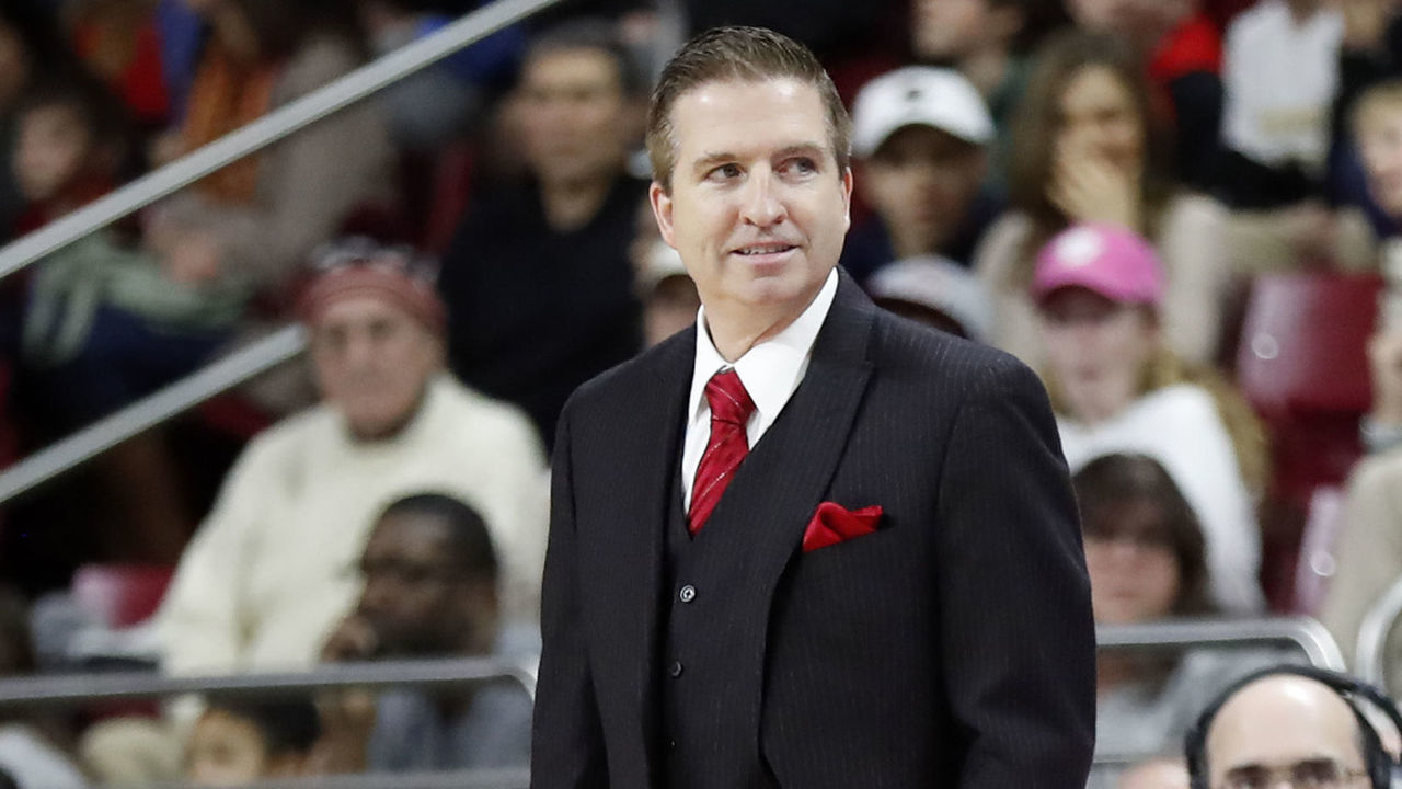 CHESTNUT HILL, MA - DECEMBER 31: Hartford Hawks head coach John Gallagher during a game between the Boston College Eagles and the University of Hartford Hawks on December 31, 2018, at Conte Forum in Chestnut Hill, Massachusetts.