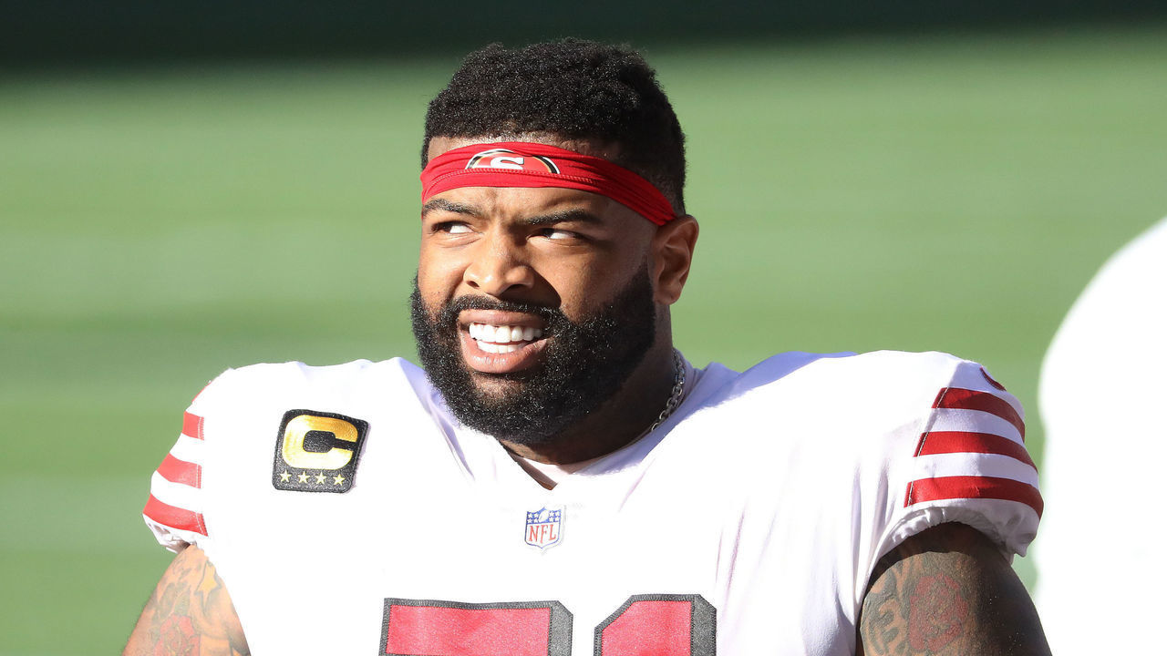 SEATTLE, WASHINGTON - NOVEMBER 01: Trent Williams #71 of the San Francisco 49ers looks on before their game against the Seattle Seahawks at CenturyLink Field on November 01, 2020 in Seattle, Washington.