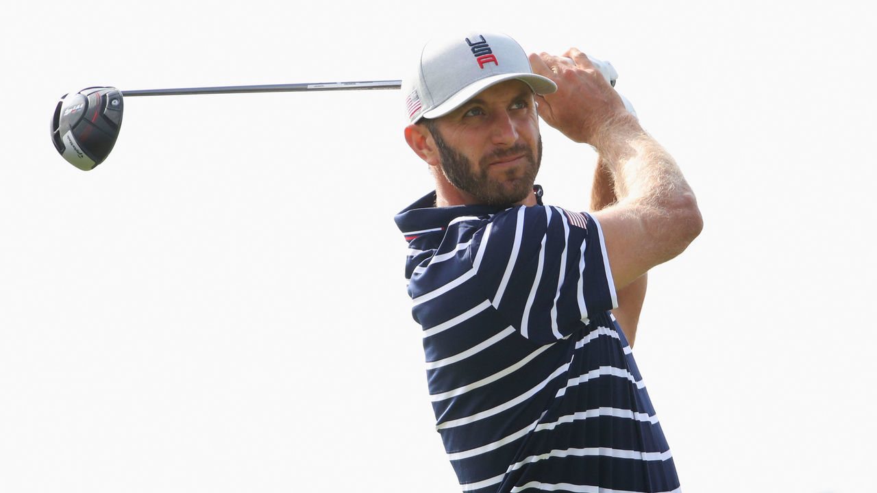 PARIS, FRANCE - SEPTEMBER 28: Dustin Johnson of the United States tees off during the afternoon foursome matches of the 2018 Ryder Cup at Le Golf National on September 28, 2018 in Paris, France.