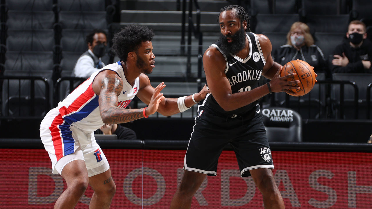 BROOKLYN, NY - MARCH 13: James Harden #13 of the Brooklyn Nets dribbles the ball during the game against the Detroit Pistons on March 13, 2021 at Barclays Center in Brooklyn, New York. Mandatory Copyright Notice: Copyright 2021 NBAE
