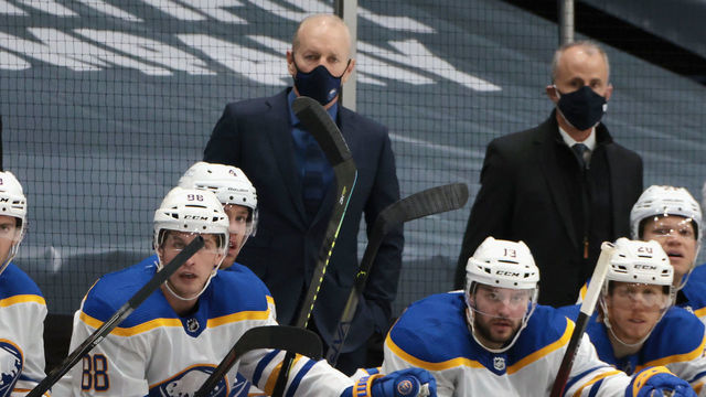 UNIONDALE, NEW YORK - MARCH 07: Head coach Ralph Krueger of the Buffalo Sabres handles the bench during the game against the New York Islanders at the Nassau Coliseum on March 07, 2021 in Uniondale, New York.