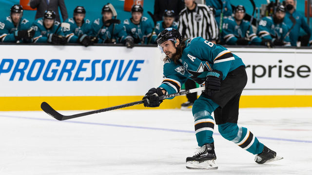 SAN JOSE, CA - FEBRUARY 13: San Jose Sharks defenseman Erik Karlsson (65) shoots during the NHL hockey game between the Vegas Golden Knights and the San Jose Sharks on February 13, 2021 at the SAP Center in San Jose, CA.