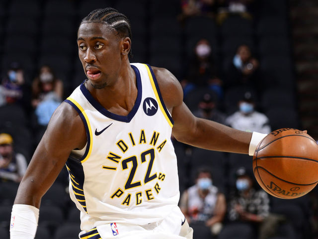 PHOENIX, AZ - MARCH 13: Caris LaVert #22 of the Indiana Pacers dribbles the ball during the game against the Phoenix Suns on March 13, 2021 at Talking Stick Resort Arena in Phoenix, Arizona. Mandatory Copyright Notice: Copyright 2021 NBAE
