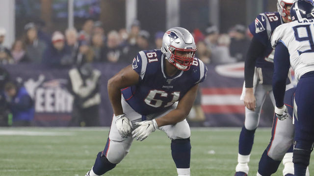 FOXBOROUGH, MA - JANUARY 04: New England Patriots offensive lineman Marcus Cannon (61) during an AFC Wild Card game between the New England Patriots and the Tennessee Titans on January 4, 2020, at Gillette Stadium in Foxborough, Massachusetts.