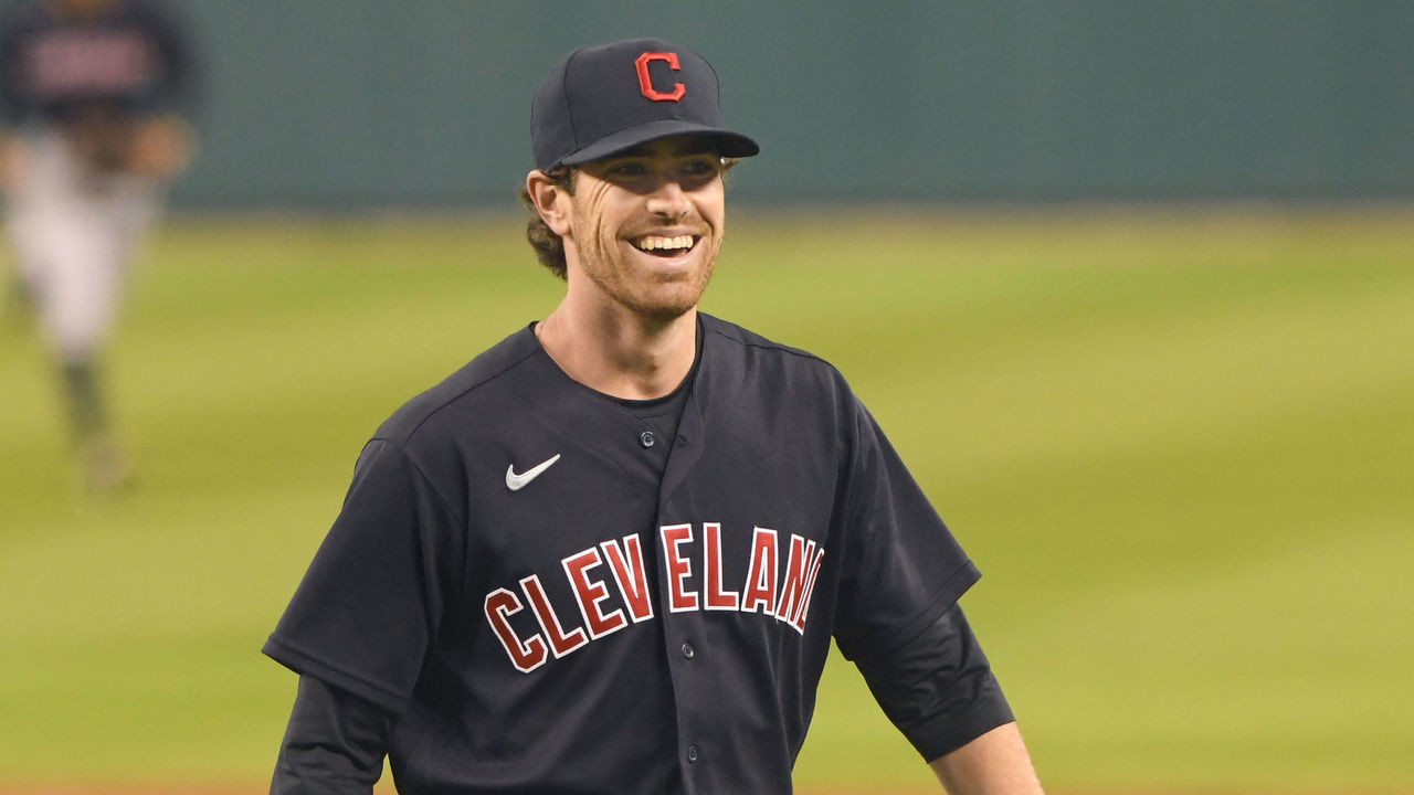 DETROIT, MI - SEPTEMBER 17: Shane Bieber #57 of the Cleveland Indians looks on and smiles during the game against the Detroit Tigers at Comerica Park on September 17, 2020 in Detroit, Michigan. The Indians defeated the Tigers 10-3.