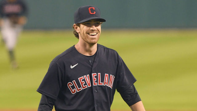 DETROIT, MI - SEPTEMBER 17: Shane Bieber #57 of the Cleveland Indians looks on and smiles during the game against the Detroit Tigers at Comerica Park on September 17, 2020 in Detroit, Michigan. The Indians defeated the Tigers 10-3.