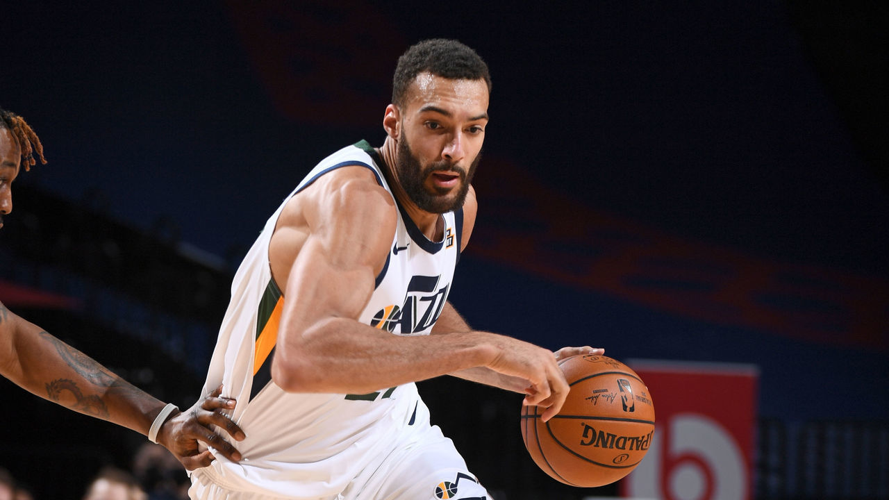 PHILADELPHIA, PA - MARCH 3: Rudy Gobert #27 of the Utah Jazz handles the ball against the Philadelphia 76ers on March 3, 2021 at Wells Fargo Center in Philadelphia, Pennsylvania. NOTE TO USER: User expressly acknowledges and agrees that, by downloading and/or using this Photograph, user is consenting to the terms and conditions of the Getty Images License Agreement. Mandatory Copyright Notice: Copyright 2021 NBAE