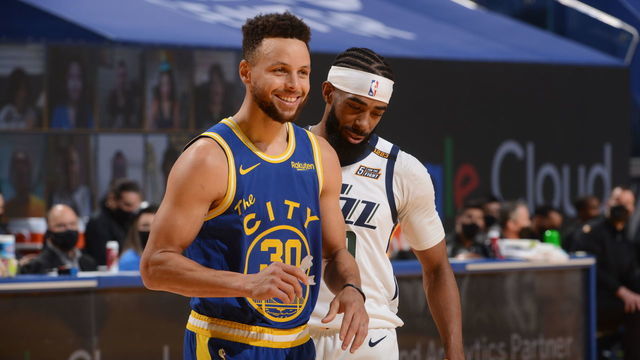 SAN FRANCISCO, CA - MARCH 14: Stephen Curry #30 of the Golden State Warriors smiles during the game against the Utah Jazz on March 14, 2021 at Chase Center in San Francisco, California. NOTE TO USER: User expressly acknowledges and agrees that, by downloading and or using this photograph, user is consenting to the terms and conditions of Getty Images License Agreement. Mandatory Copyright Notice: Copyright 2021 NBAE