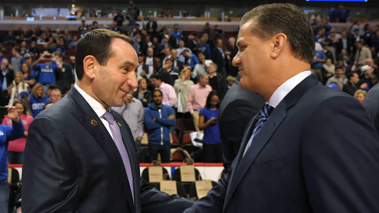 CHICAGO, IL - NOVEMBER 17: (L-R) Head Coach Mike Krzyzewski of the Duke Blue Devils talks with Head Coach John Calipari of the Kentucky Wildcats during the State Farm Champions Classic at the United Center on November 17, 2015 in Chicago, Illinois. Kentucky defeated Duke 74-63.