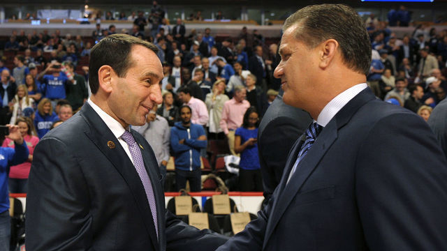CHICAGO, IL - NOVEMBER 17: (L-R) Head Coach Mike Krzyzewski of the Duke Blue Devils talks with Head Coach John Calipari of the Kentucky Wildcats during the State Farm Champions Classic at the United Center on November 17, 2015 in Chicago, Illinois. Kentucky defeated Duke 74-63.