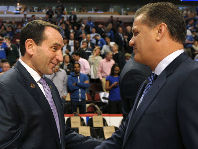 CHICAGO, IL - NOVEMBER 17: (L-R) Head Coach Mike Krzyzewski of the Duke Blue Devils talks with Head Coach John Calipari of the Kentucky Wildcats during the State Farm Champions Classic at the United Center on November 17, 2015 in Chicago, Illinois. Kentucky defeated Duke 74-63.