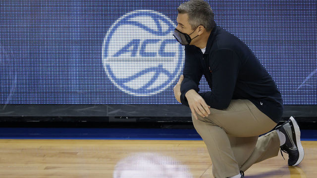GREENSBORO, NORTH CAROLINA - MARCH 11: Head coach Tony Bennett of the Virginia Cavaliers looks on during the second half of their quarterfinals game against the Syracuse Orange in the ACC Men's Basketball Tournament at Greensboro Coliseum on March 11, 2021 in Greensboro, North Carolina.