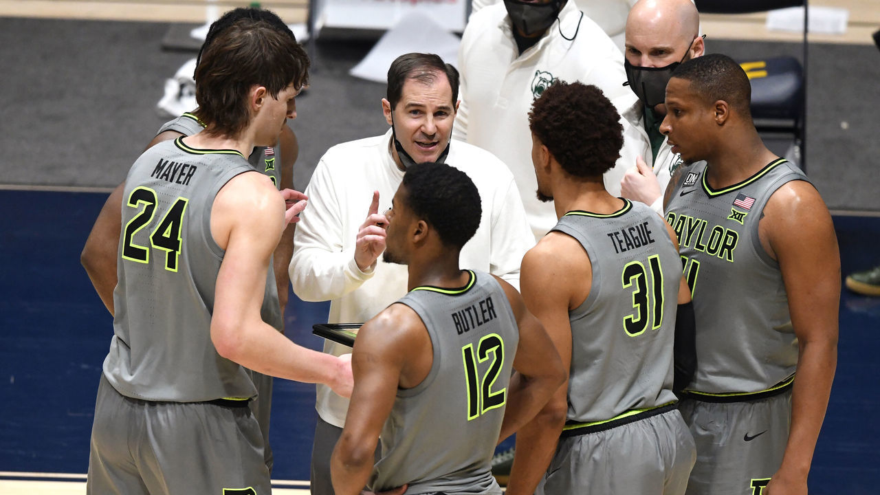 MORGANTOWN, WV - MARCH 02: Head coach Scott Drew of the Baylor Bears talks to his players during a time out of during a college basketball game against the West Virginia Mountaineers at WVU Coliseum on March 2, 2021 in Morgantown, West Virginia.