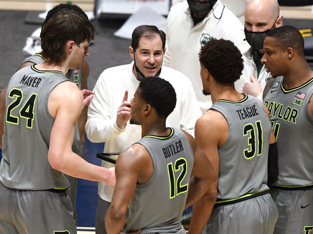 MORGANTOWN, WV - MARCH 02: Head coach Scott Drew of the Baylor Bears talks to his players during a time out of during a college basketball game against the West Virginia Mountaineers at WVU Coliseum on March 2, 2021 in Morgantown, West Virginia.
