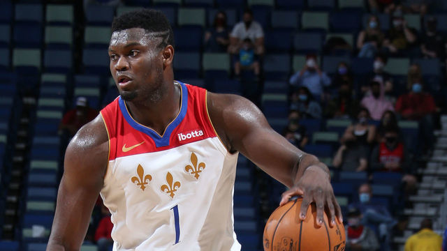 NEW ORLEANS, LA - MARCH 14: Zion Williamson #1 of the New Orleans Pelicans dribbles the ball during the game aLA Clippers on March 14, 2021 at the Smoothie King Center in New Orleans, Louisiana. Mandatory Copyright Notice: Copyright 2021 NBAE