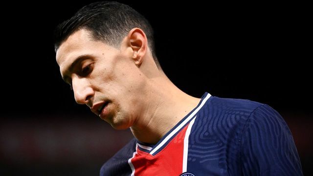 Paris Saint-Germain's Argentinian forward Angel Di Maria reacts during the French L1 football match between PSG and Nantes at the Parc des Princes stadium in Paris on March 14, 2021.