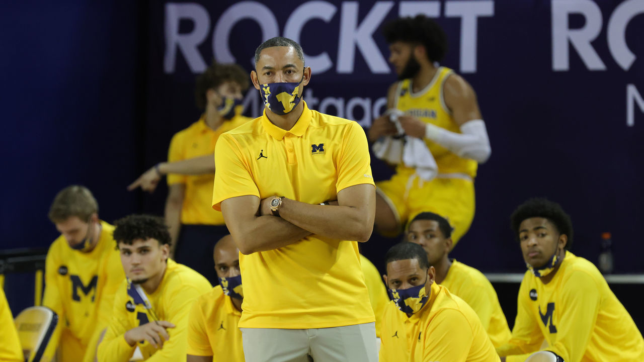 ANN ARBOR, MICHIGAN - JANUARY 12: Michigan Wolverines Head Basketball Coach Juwan Howard watches the action during the second half of the game against the Wisconsin Badgers at Crisler Arena on January 12, 2021 in Ann Arbor, Michigan. Michigan defeated Wisconsin 77-54.