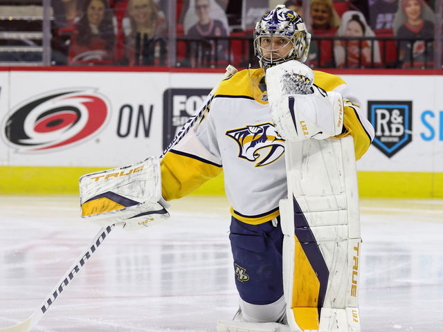 RALEIGH, NC - MARCH 9: Pekka Rinne #35 of the Nashville Predators stretches on the ice prior to an NHL game against the Carolina Hurricanes on March 9, 2021 at PNC Arena in Raleigh, North Carolina.