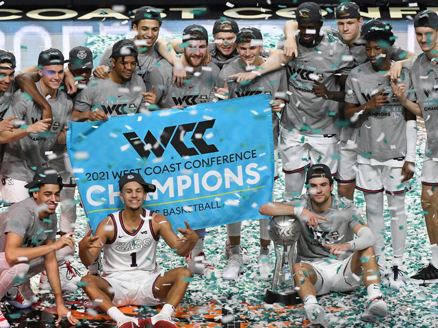 LAS VEGAS, NEVADA - MARCH 09: The Gonzaga Bulldogs celebrate on the court after their 88-78 victory over the Brigham Young Cougars to win the championship game of the West Coast Conference basketball tournament at the Orleans Arena on March 9, 2021 in Las Vegas, Nevada.