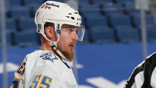BUFFALO, NY - FEBRUARY 27: Rasmus Ristolainen #55 of the Buffalo Sabres prepares for a faceoff against the Philadelphia Flyers during an NHL game on February 27, 2021 at KeyBank Center in Buffalo, New York.