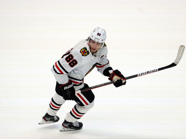 DALLAS, TEXAS - MARCH 09: Patrick Kane #88 of the Chicago Blackhawks skates against the Dallas Stars in the second period while playing in his 1000th NHL game at American Airlines Center on March 09, 2021 in Dallas, Texas.