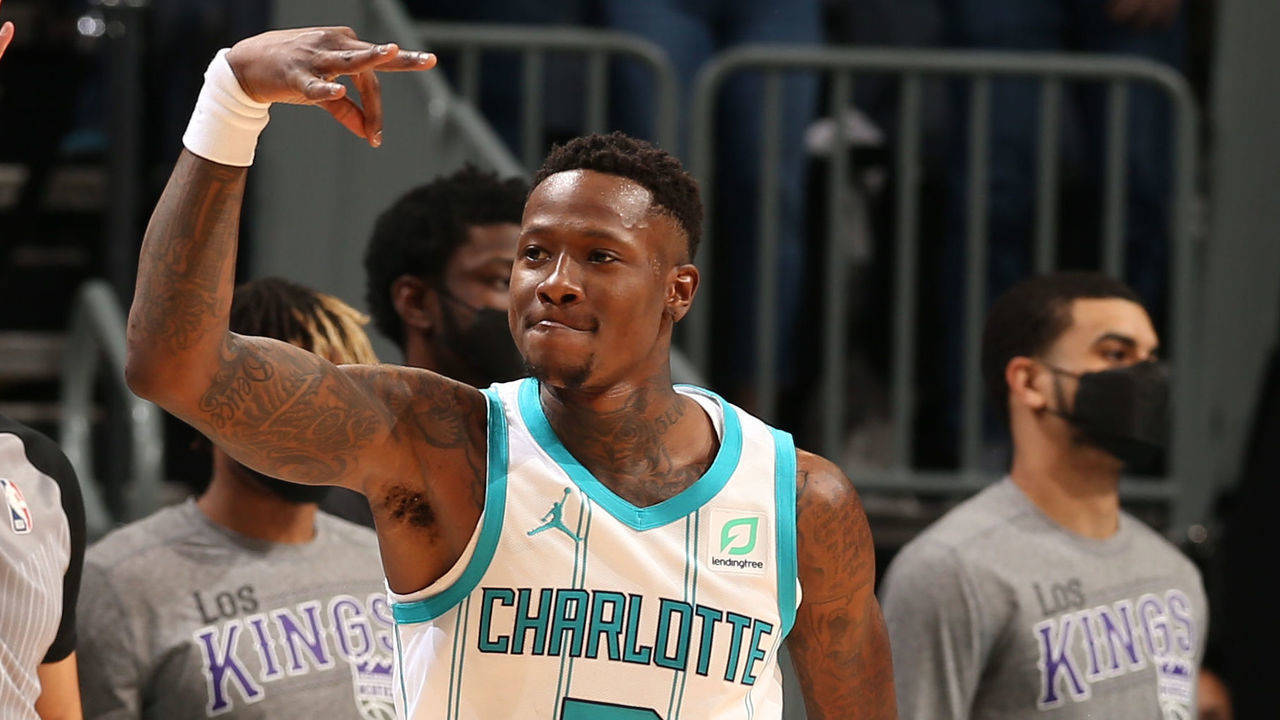 CHARLOTTE, NC - MARCH 15: Terry Rozier #3 of the Charlotte Hornets celebrates during the game against the Sacramento Kings on March 15, 2021 at Spectrum Center in Charlotte, North Carolina. Mandatory Copyright Notice: Copyright 2021 NBAE