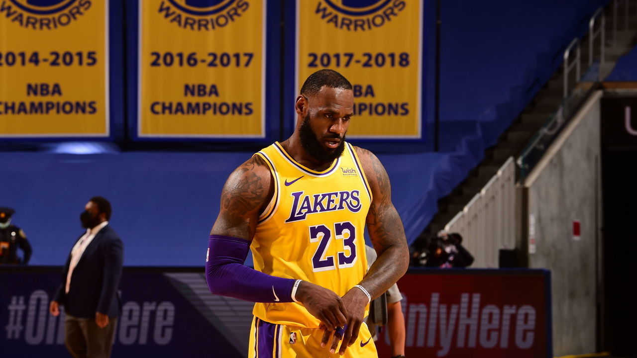 SAN FRANCISCO, CA - MARCH 15: LeBron James #23 of the Los Angeles Lakers looks on during the game against the Golden State Warriors on March 15, 2021 at Chase Center in San Francisco, California. NOTE TO USER: User expressly acknowledges and agrees that, by downloading and or using this photograph, user is consenting to the terms and conditions of Getty Images License Agreement. Mandatory Copyright Notice: Copyright 2021 NBAE