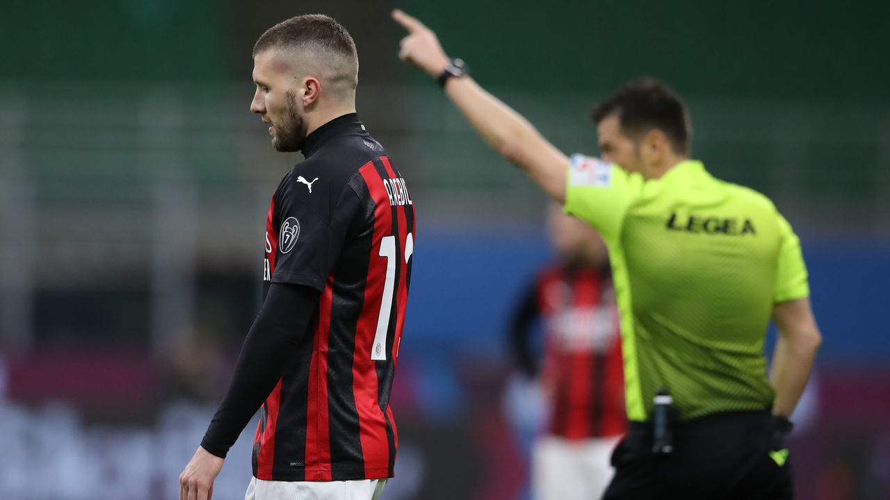 MILAN, ITALY - MARCH 14: Ante Rebic of AC Milan is ordered from the field of play after being shown a red card by referee Fabrizio Pasqua during the Serie A match between AC Milan and SSC Napoli at Stadio Giuseppe Meazza on March 14, 2021 in Milan, Italy.