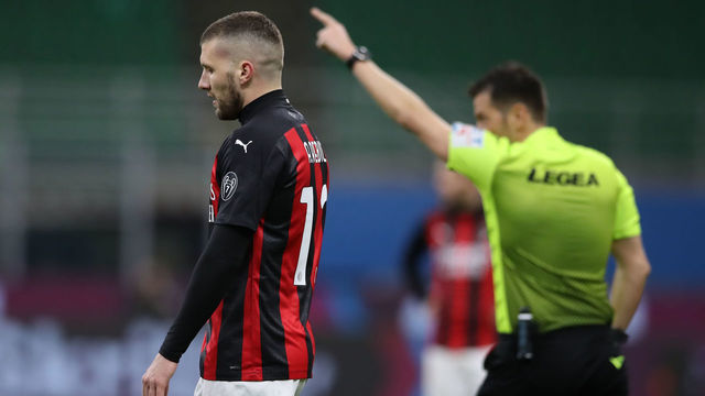 MILAN, ITALY - MARCH 14: Ante Rebic of AC Milan is ordered from the field of play after being shown a red card by referee Fabrizio Pasqua during the Serie A match between AC Milan and SSC Napoli at Stadio Giuseppe Meazza on March 14, 2021 in Milan, Italy.