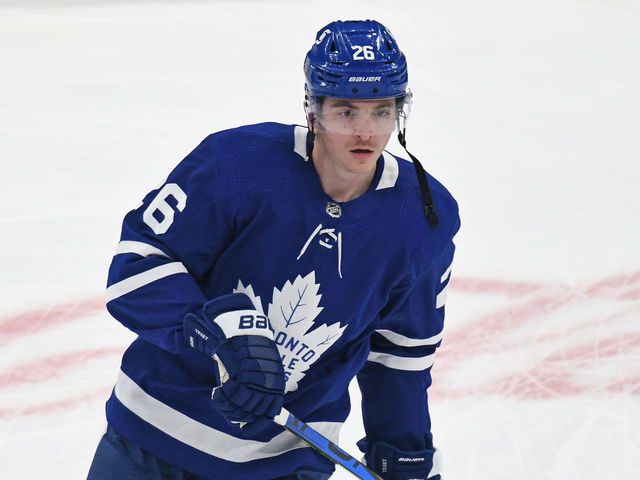 TORONTO, ON - MARCH 11: Toronto Maple Leafs Right Wing Jimmy Vesey (26) in warmups prior to the regular season NHL game between the Winnipeg Jets and Toronto Maple Leafs on March 11, 2021 at Scotiabank Arena in Toronto, ON.