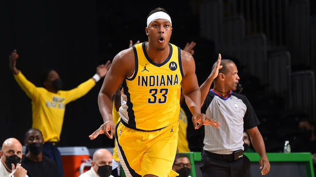BOSTON, MA - FEBRUARY 26: Myles Turner #33 of the Indiana Pacers celebrates a three point basket during the game against the Boston Celtics on February 26, 2021 at the TD Garden in Boston, Massachusetts. Mandatory Copyright Notice: Copyright 2021 NBAE